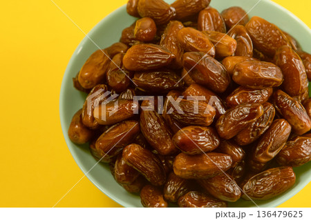 Dates. Dried date palm fruits. Healthy sweet food. 136479625