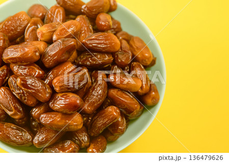 Dates. Dried date palm fruits. Healthy sweet food. 136479626