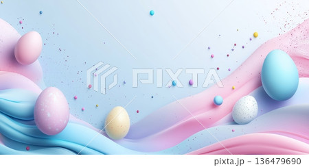 Festive spring flat lay with colorful Easter eggs and confetti border, clean copy space for creative marketing projects 136479690
