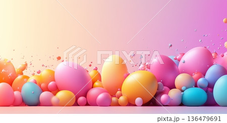 Colorful Easter eggs and confetti frame on pastel background, perfect festive template for spring promotions and holiday designs Colorful Easter eggs and confetti frame on pastel background, perfect festive template for spring promotions and holiday designs 136479691