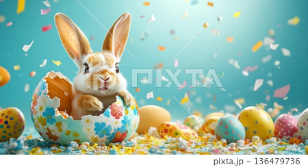 Playful Easter bunny with colorful eggs and...のイラスト素材 [136479736] - PIXTA