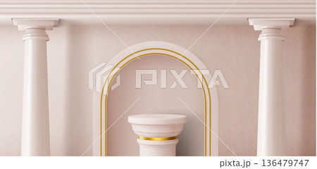 Beige marble coumn podium with golden ring, arch Beige marble coumn podium with golden ring, arch 136479747