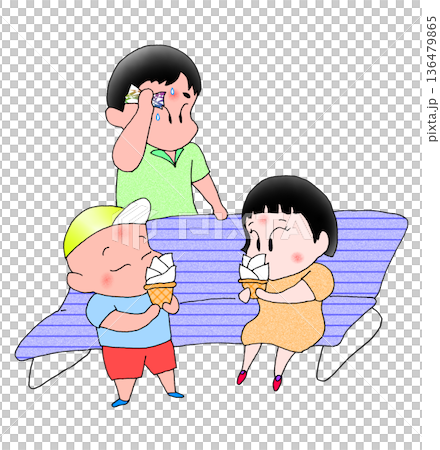 炎熱的夏天,一個孩子在吃冰淇淋。 炎熱的夏天,一個孩子在吃冰淇淋。 136479865