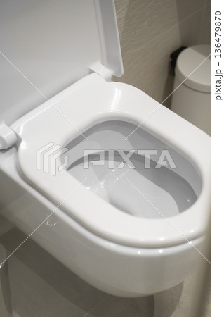 White ceramic toilet in a modern bathroom, seat cover open, representing concepts of hygiene, plumbing, sanitation, design, cleanliness, and residential decor White ceramic toilet in a modern bathroom, seat cover open, representing concepts of hygiene, plumbing, sanitation, design, cleanliness, and residential decor 136479870