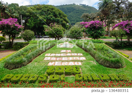 Floral calendar in the city square of Pocos de Caldas, Minas Gerais state, Brazil 136480351