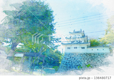 [三重県]津市にある津城の丑寅櫓の水彩画 136480717