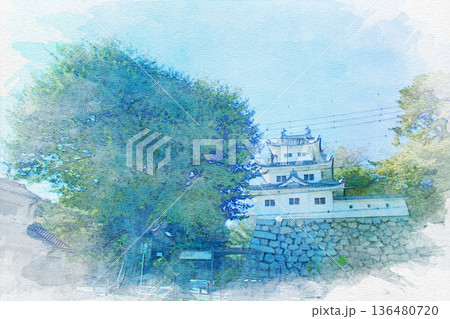 [三重県]津市にある津城の丑寅櫓の水彩画 136480720