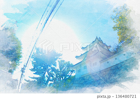 [三重県]津市にある津城の丑寅櫓の水彩画 136480721