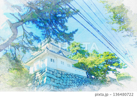 [三重県]津市にある津城の丑寅櫓の水彩画 136480722