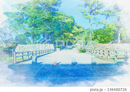 [三重県]津市にある津城の正門跡の水彩画 136480726