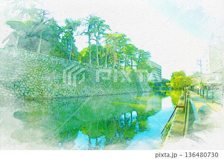 [三重県]津市にある津城の北堀と石垣の水彩画 136480730