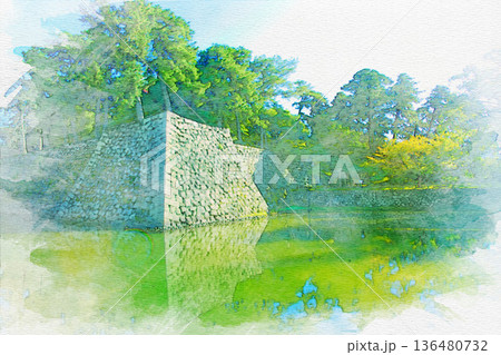 [三重県]津市にある津城の北堀と石垣の水彩画 136480732