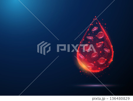 Red blood cells inside blood drop. Erythrocyte analysis, blood sample diagnostics, hematology testing, medical laboratory research, health monitoring concept. 136480829