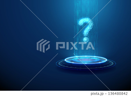 3d question mark on futuristic podium in data stream. Inquiry, problem solving, information analysis, digital investigation, technological insight concept. 136480842