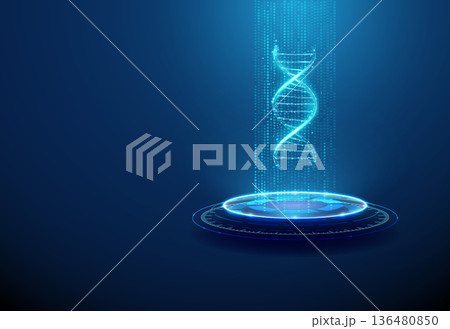 3d dna helix on futuristic podium in flowing data stream. Genetic research, medical data storage, ai medicine, genome analysis, advanced diagnostics concept. 136480850