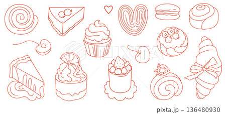Bakery branding line icons set made of desserts, cakes and pastries for packaging and menu design and commercial use 136480930