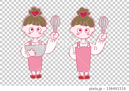 バレンタインに料理をする女の子のかわいい線画立ち絵イラスト 136481318