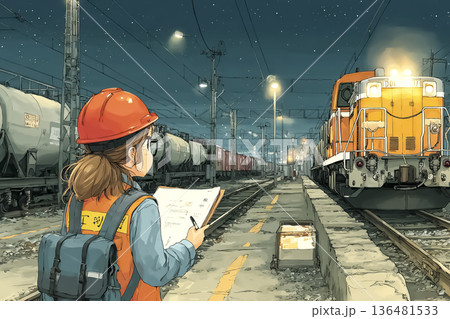 夜の貨物ヤードで貨物列車を点検する女性スタッフ　安全確認の一瞬 136481533