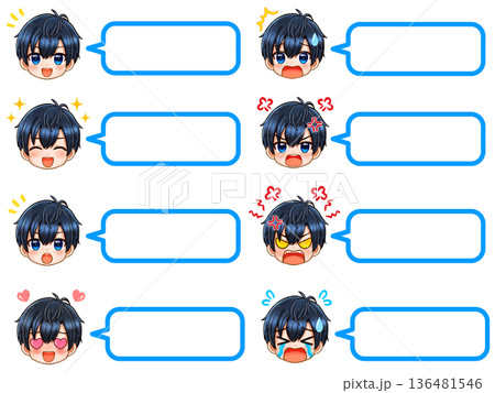 ちびキャラ男子の顔アイコン吹き出しセット 136481546