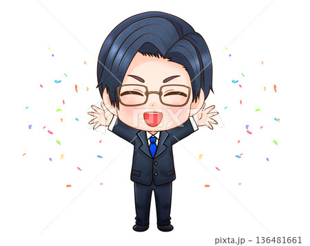 万歳して喜ぶ男性のちびキャライラスト 136481661