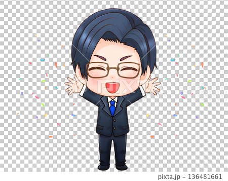 万歳して喜ぶ男性のちびキャライラスト 136481661
