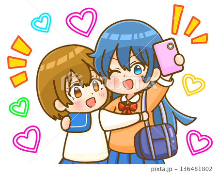 スマホで自撮りする仲良し平成女子高生のイラスト素材2 136481802