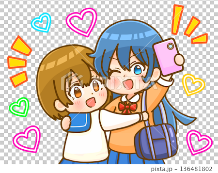 圖解素材2：一群友善的高中女生用智慧型手機自拍 136481802