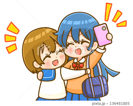 スマホで自撮りする仲良し平成女子高生のイラスト素材5 136481805