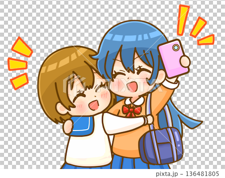 插畫資料 5:一群友善的高中女生用智慧型手機自拍 插畫資料 5:一群友善的高中女生用智慧型手機自拍 136481805