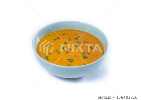 Creamy Carrot Soup in Blue Bowl 136481816