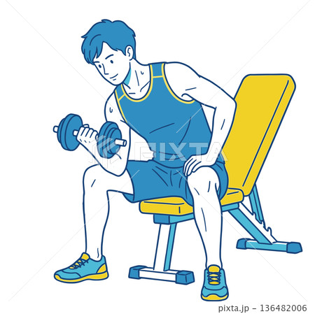 ジムでダンベルトレーニングをする男性 筋力トレーニングイメージ ジムでダンベルトレーニングをする男性 筋力トレーニングイメージ 136482006
