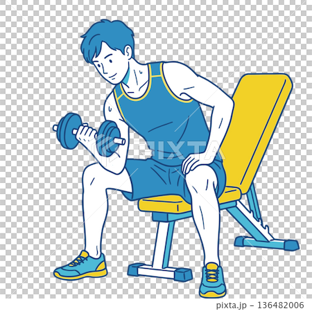 ジムでダンベルトレーニングをする男性 筋力トレーニングイメージ ジムでダンベルトレーニングをする男性 筋力トレーニングイメージ 136482006