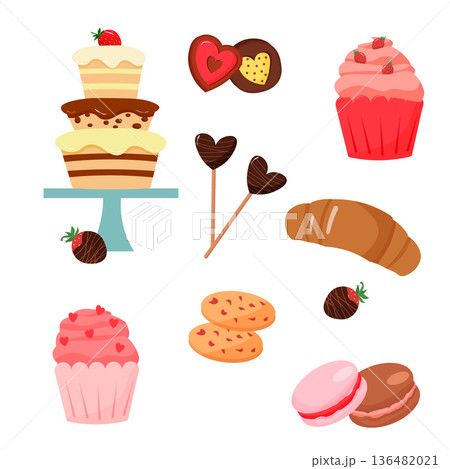 Assortment of sweet bakery products including cakes, cupcakes, chocolates, cookies, and a croissant for dessert menu or cafe. Assortment of sweet bakery products including cakes, cupcakes, chocolates, cookies, and a croissant for dessert menu or cafe. 136482021