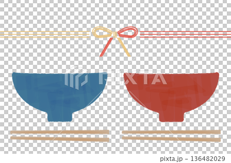 水彩風タッチの夫婦茶碗と水引リボンの和風お祝いイラスト 水彩風タッチの夫婦茶碗と水引リボンの和風お祝いイラスト 136482029