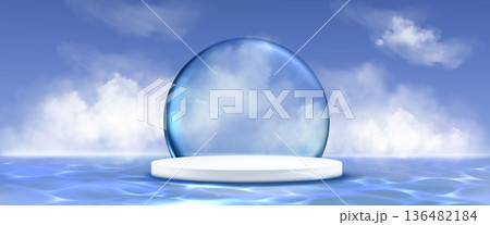 Blue water podium with glass platform on sky bg 136482184