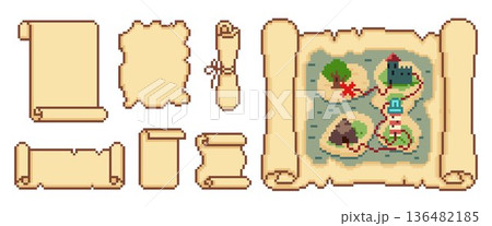 Pixel art game scrolls, vintage parchment frames 136482185