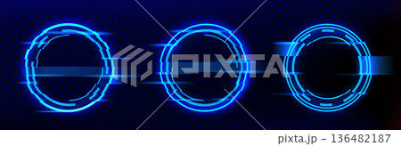 Glitch effect circle frame, neon digital pixels 136482187