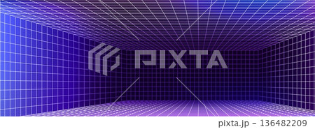 3D wireframe grid room with perspective lines 136482209