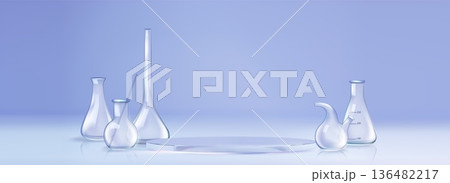 Laboratory glassware set and round podium realisti 136482217