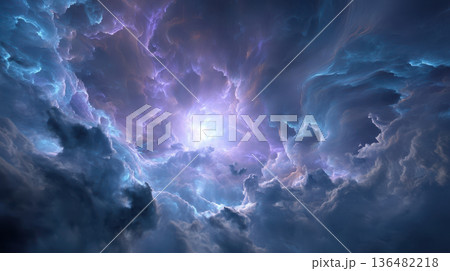 An ethereal sky filled with glowing clouds and a radiant light in the center, a dramatic celestial atmosphere and a fantastical backdrop 136482218