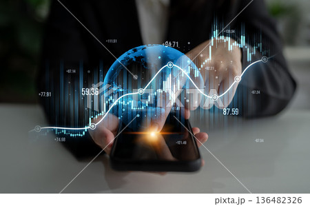 Businessperson Analyzing Financial Data on Smartphone with Global Graphs and Charts Illustrating Economic Trends and Market Insights Scalp Businessperson Analyzing Financial Data on Smartphone with Global Graphs and Charts Illustrating Economic Trends and Market Insights Scalp 136482326