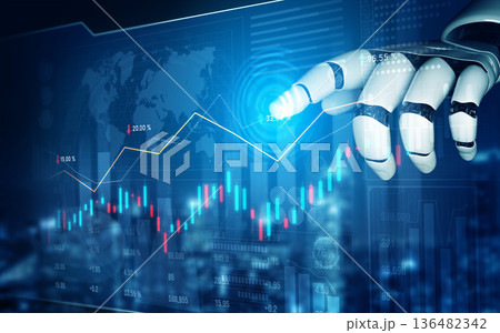 Futuristic Robot Hand Interacting with Digital Financial Graphs and Data on a High-Tech Background in a Stock Market Environment Scalp 136482342