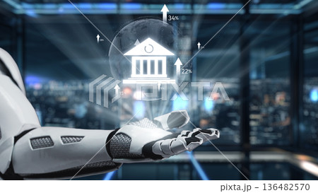 Futuristic Robot Hand Holding Digital Financial Data Visualization in Modern Office Setting with Urban Night Background and Growth Statistics. Auvana 136482570