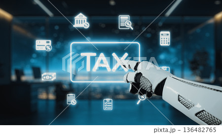 Futuristic Robotic Hand Pointing at Tax Icons in Modern Office Environment with Digital Display and Financial Data Visualization. Auvana Futuristic Robotic Hand Pointing at Tax Icons in Modern Office Environment with Digital Display and Financial Data Visualization. Auvana 136482765
