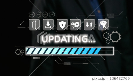 Modern Digital Update Process on a Technology Interface with Progress Bar and Icons Representing System Functions and Data Management. Qubit Modern Digital Update Process on a Technology Interface with Progress Bar and Icons Representing System Functions and Data Management. Qubit 136482769