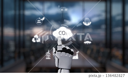 Futuristic Robot Hand Indicating CO2 Emission Reduction with Innovative Technology Concepts in Modern Office Environment. Auvana 136482827