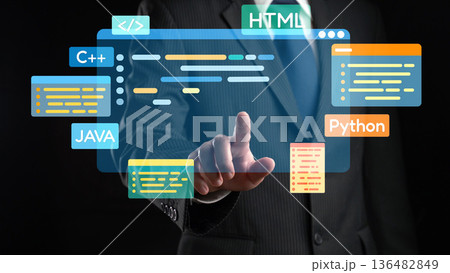 Software developer work with coding overlays of programming languages EIDE 136482849