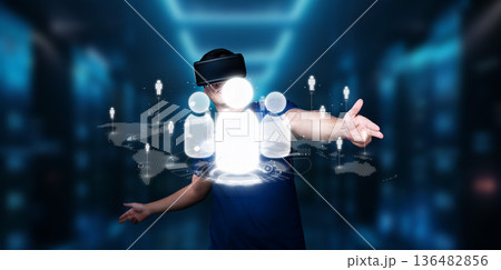 Person Engaging in Virtual Networking with Digital Icons in a Futuristic Office Environment Enhanced by Technology and Cyberspace Concepts XDMCP 136482856