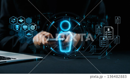 Futuristic Digital Interface with 3D Human Figure and Icons Representing Technology, Data, Analytics, and Communication Concepts. Qubit 136482883