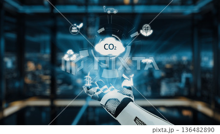 Futuristic Hand Displaying Carbon Dioxide Emissions with Eco Icons Representing Technology and Sustainability in Urban Environment. Auvana 136482890